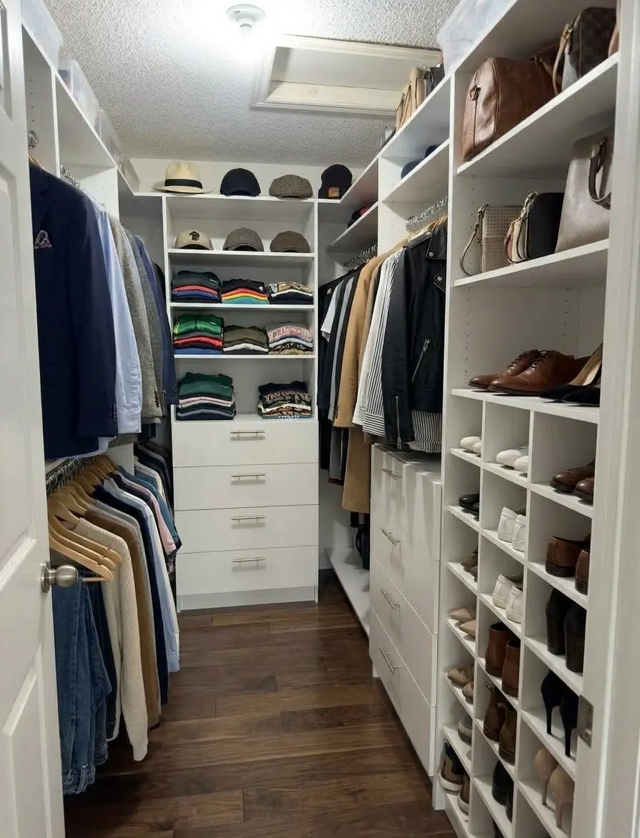 A narrow white walk-in closet with jackets and shirts hung on the left, a drawer bank under folded tees and hats at the end, and shoe cubbies with handbags above on the right, on a dark hardwood floor