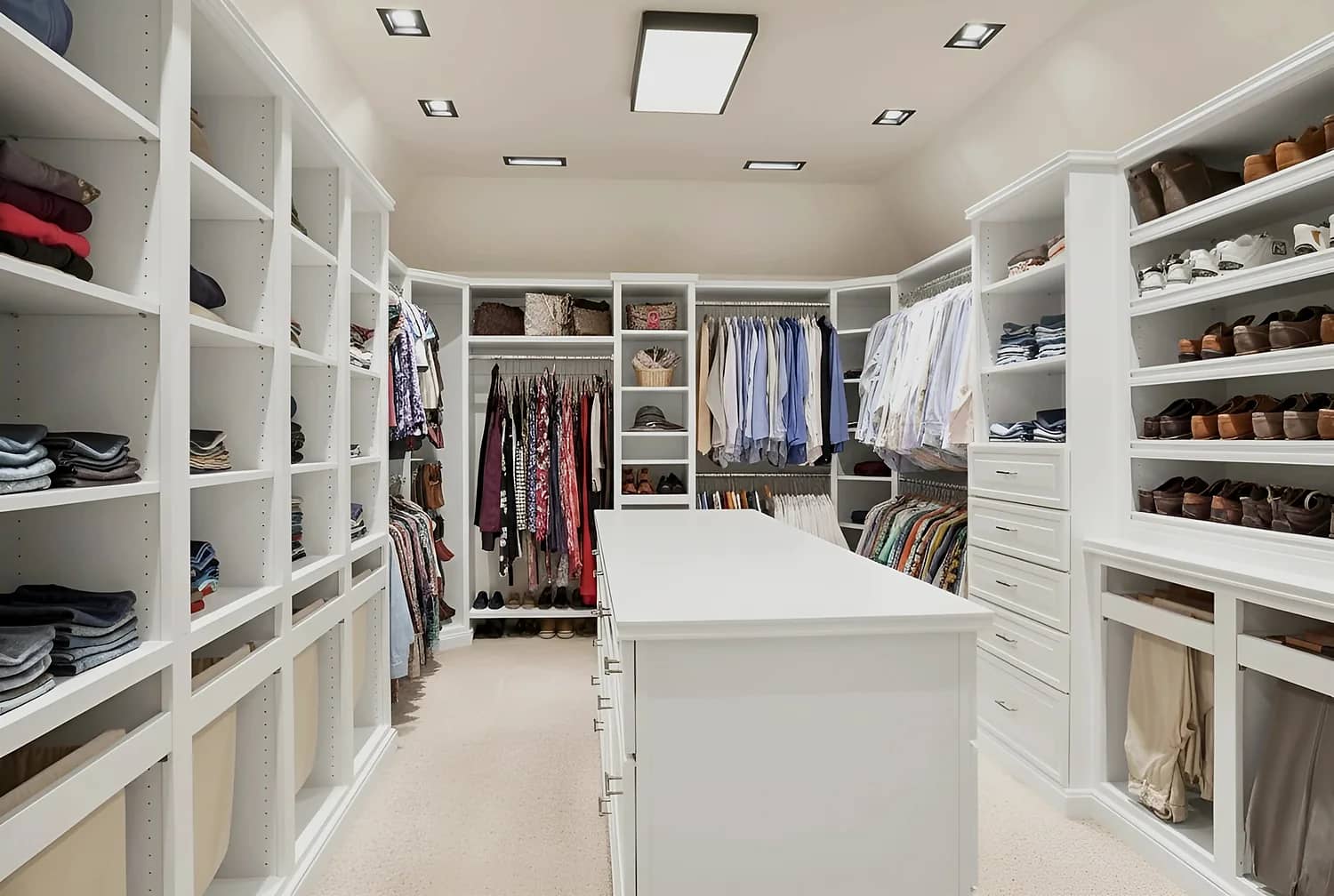 Custom walk-in closet with island built by Closet Form, Toronto
