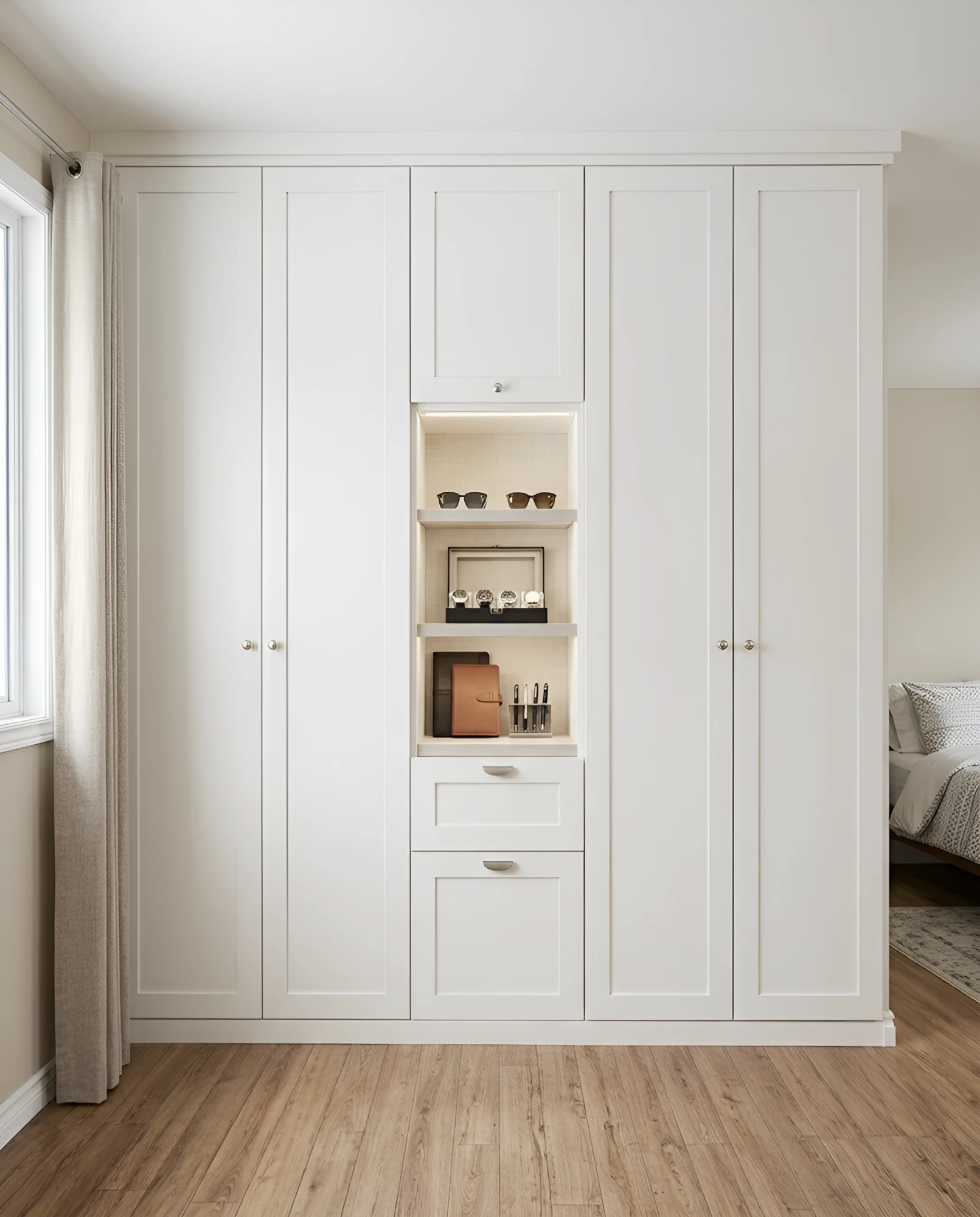 White shaker built-in wardrobe running wall to wall, with an open LED-lit display niche between two banks of doors and drawers below