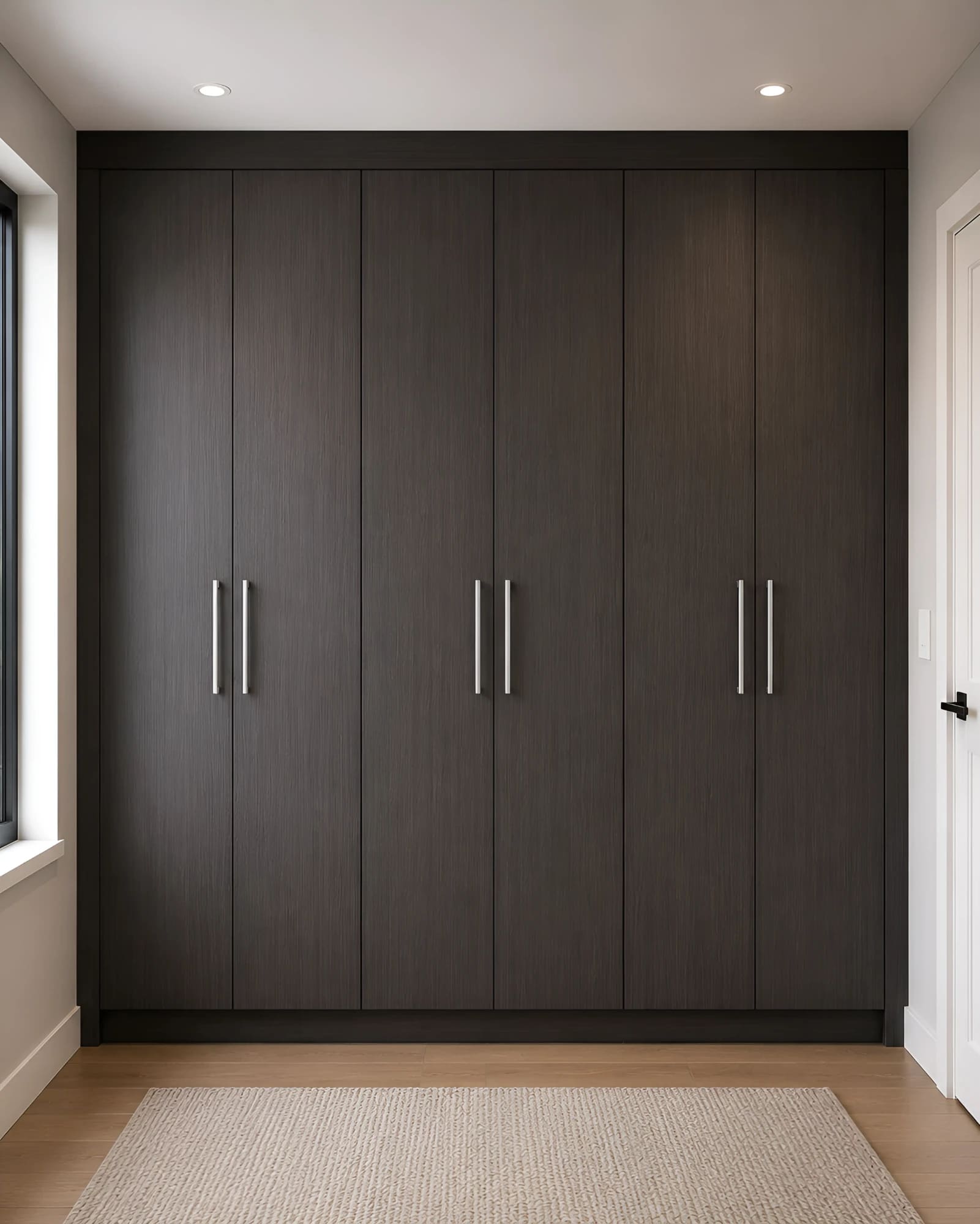 Dark oak built-in wardrobe spanning a bedroom wall floor to ceiling, six slab doors with slim brushed pulls, beside a window