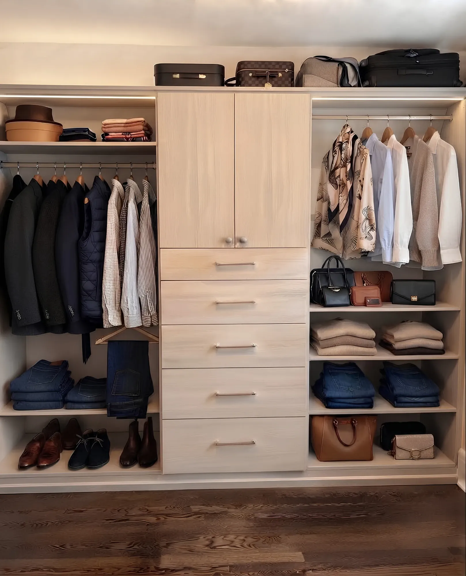 A pale oak reach-in closet with hanging at two levels either side of a five-drawer tower, shoes below and luggage stored on the shelf above