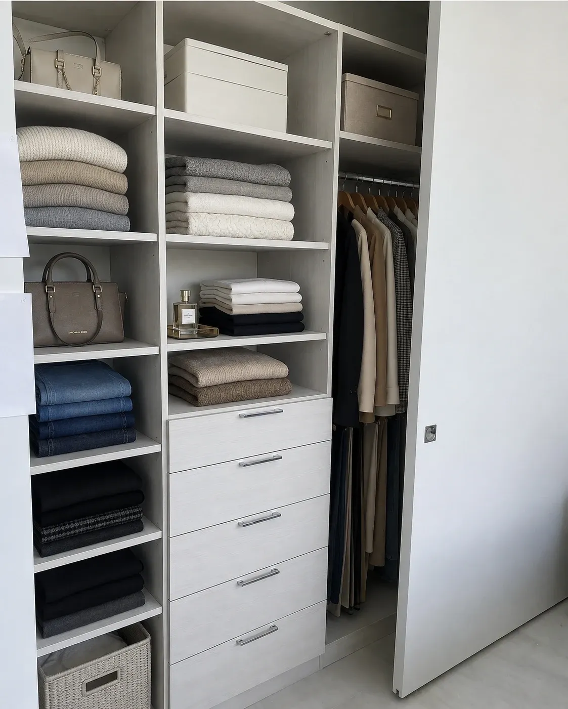 A white reach-in closet behind a sliding door, folded shelving to the ceiling beside a five-drawer bank and a full-length hanging run