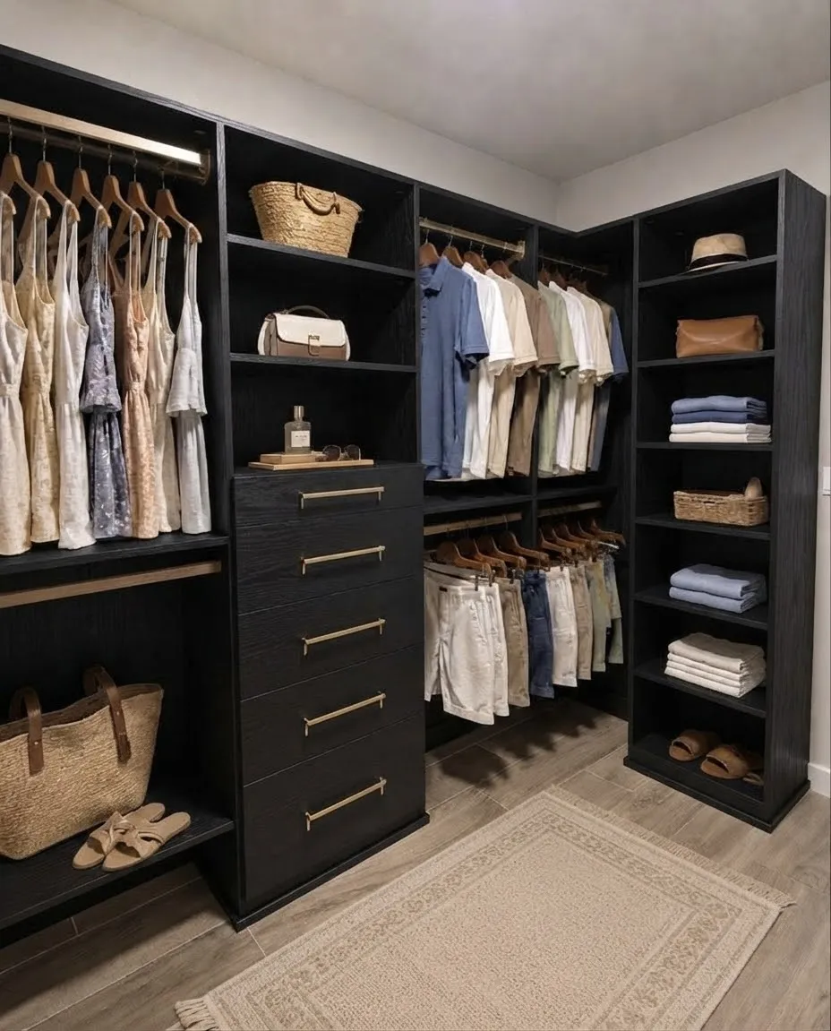 A black oak walk-in closet with dresses and shirts hung at two levels, a five-drawer tower with brass pulls and open shelving returning down the far wall