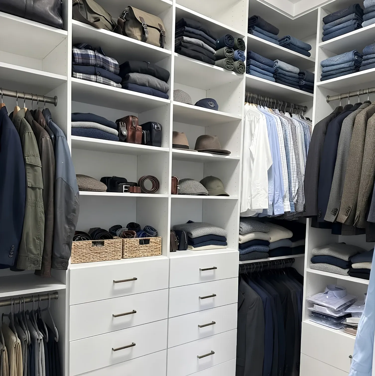 A white walk-in closet in a Brampton home built out on every wall, hanging at three levels under shelving carried to the ceiling and two banks of five drawers in the corner