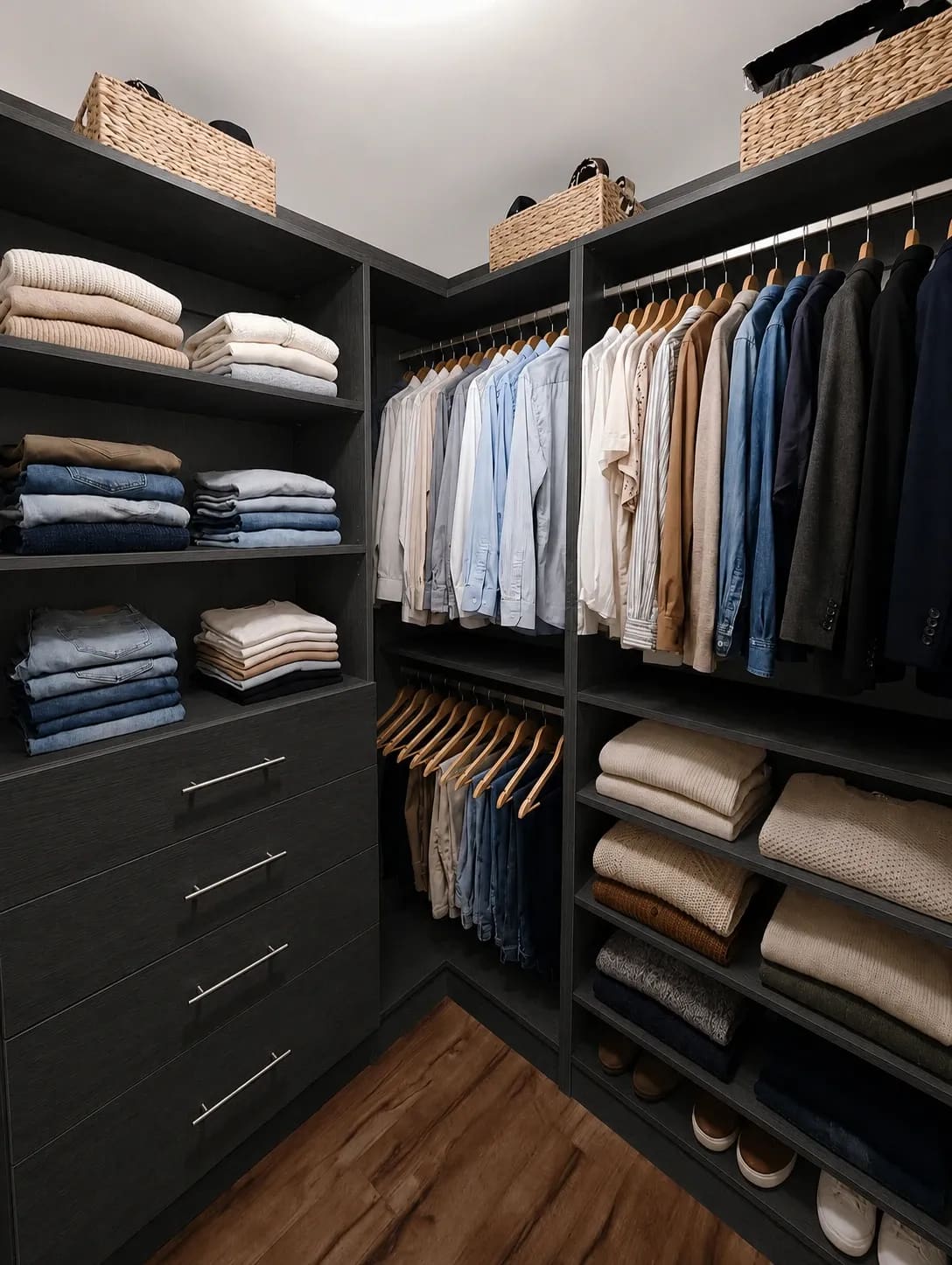 A charcoal oak walk-in closet turning a corner, shirts and jackets hung at two levels over folded shelving, drawers and a shoe shelf