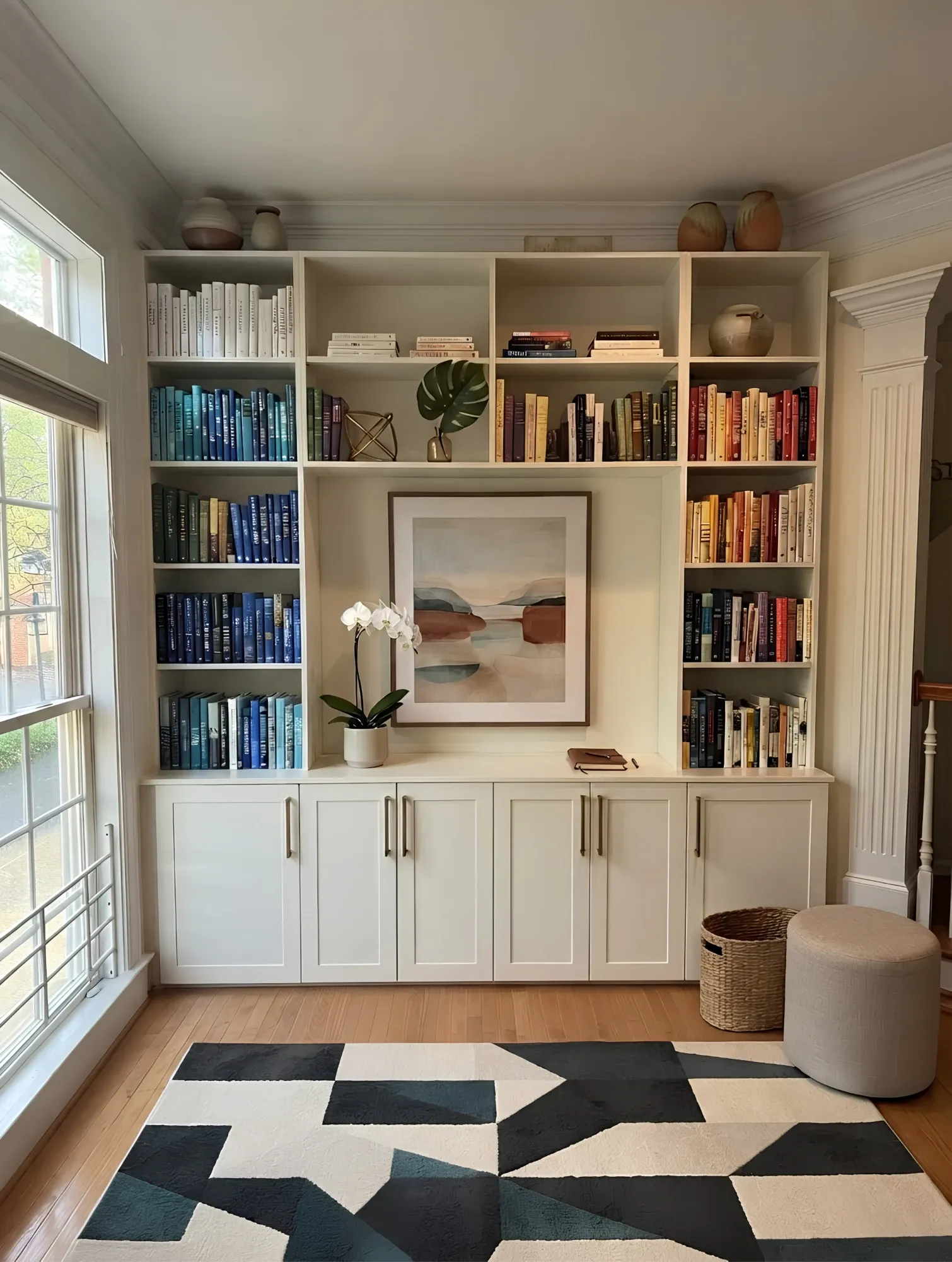 A cream built-in library wall of open shelving over shaker cupboards, books arranged by colour either side of a framed print