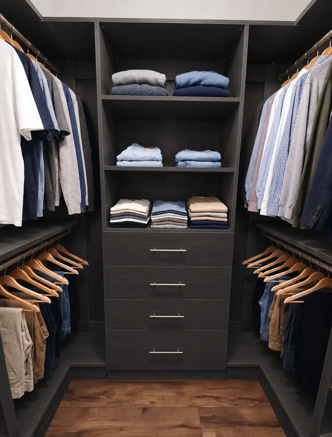 A charcoal oak reach-in closet with hanging either side of a centre tower of folded shelving over four drawers
