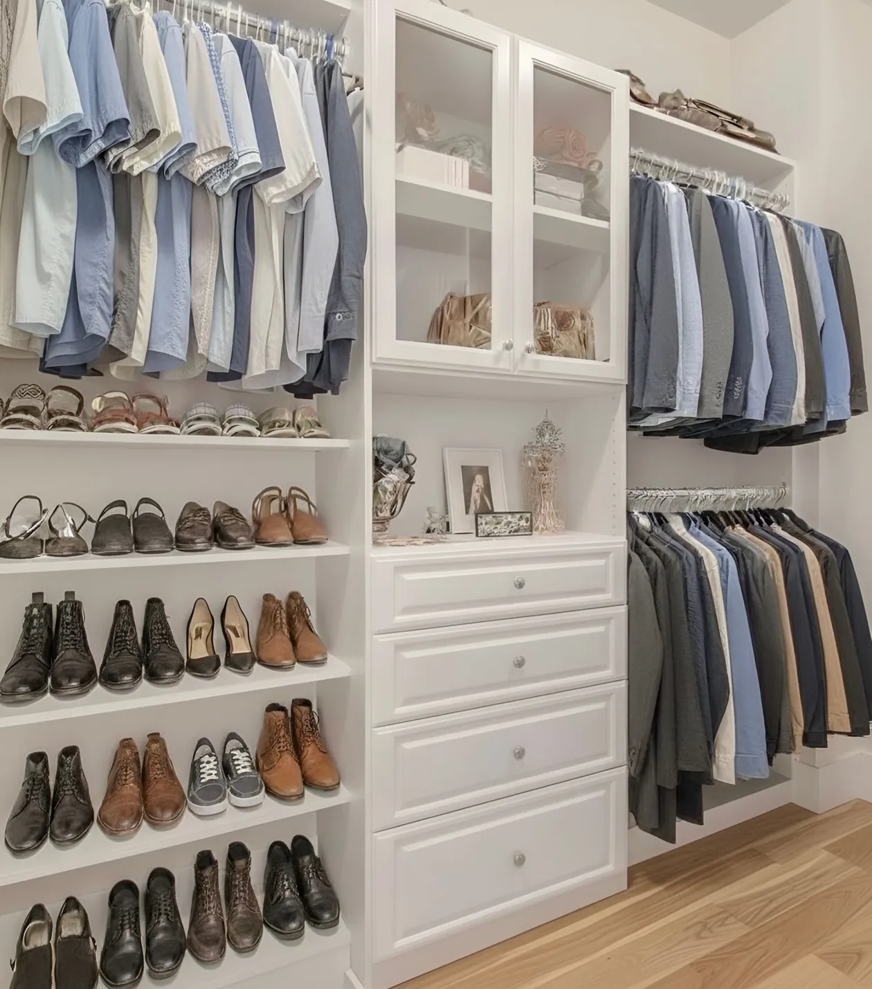 A white walk-in closet with glass-fronted upper cabinets over a four-drawer tower, shirts and jackets hung at two levels and a full shoe wall