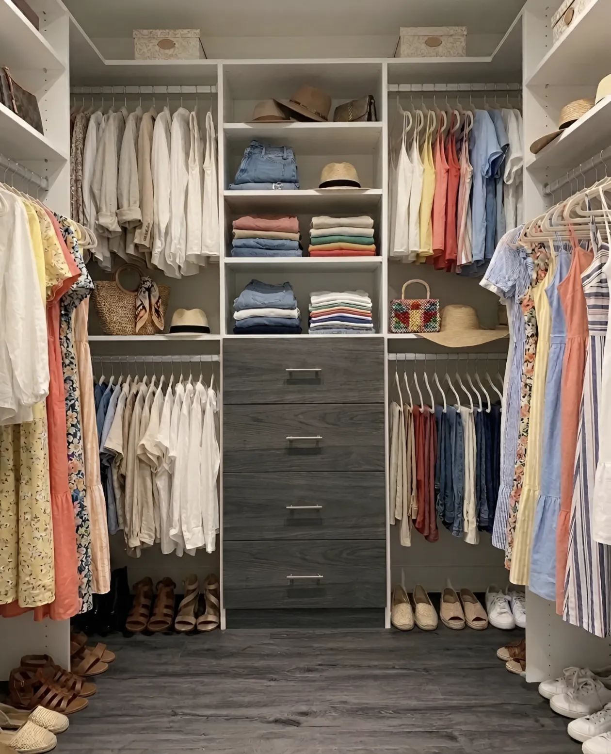 A white walk-in closet with dresses and shirts hung either side of a grey oak four-drawer tower under folded shelving, hats on the shelf above