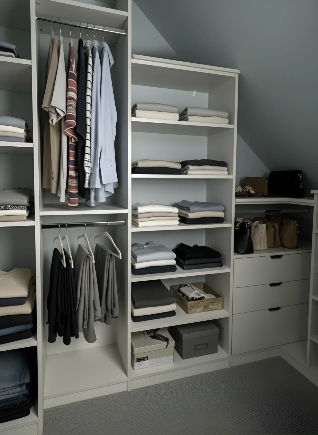 A cream walk-in closet fitted under a sloped ceiling, hanging at two levels beside a tower of folded shelving and a corner run of drawers