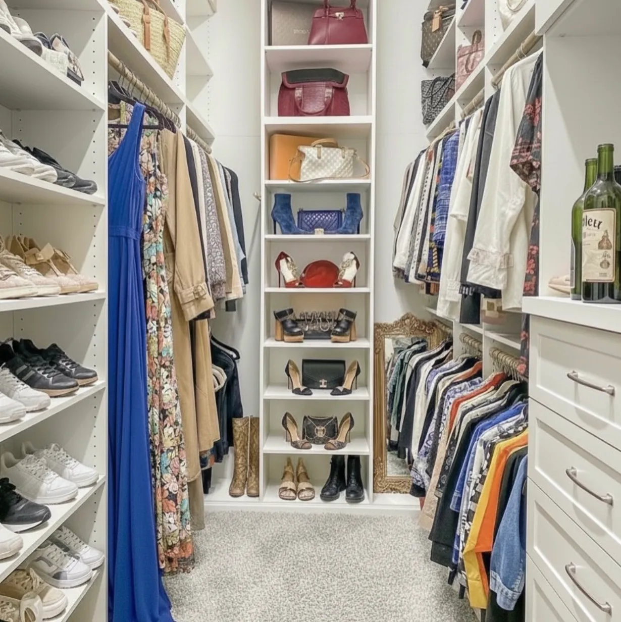 A white walk-in closet in a Vaughan home, shoe shelving to the ceiling on both walls, a full-height handbag tower down the middle and a gilt mirror at the end