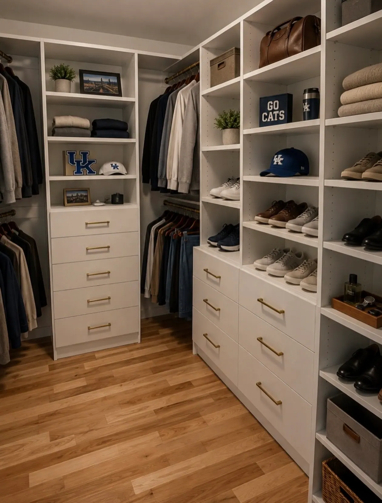 A white walk-in closet with hanging on two walls, open shelves of sneakers and folded knitwear, and two banks of drawers with brass handles