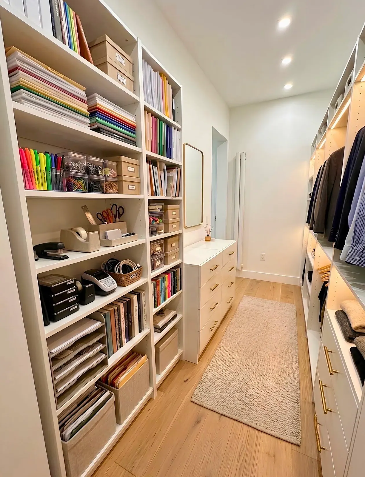 A narrow walk-in closet used as an office, with open shelving of stationery and files on one side and hanging with drawers on the other