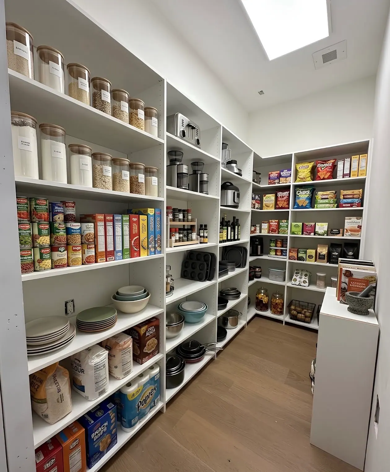 A walk-in pantry with white shelving on two walls holding jars, tins, boxes and cookware, with a skylight above