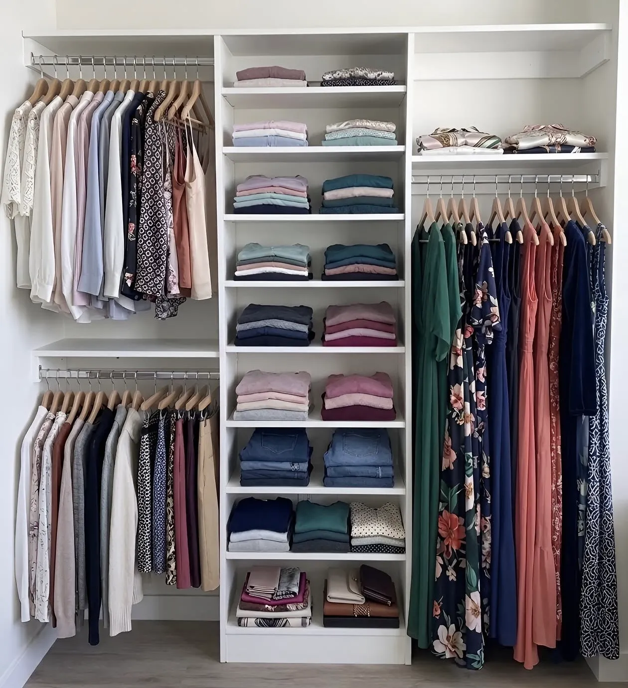 A white reach-in wardrobe run cut to the wall, double hanging on the left, nine shelves of folded clothes in the centre tower and full-length hanging on the right