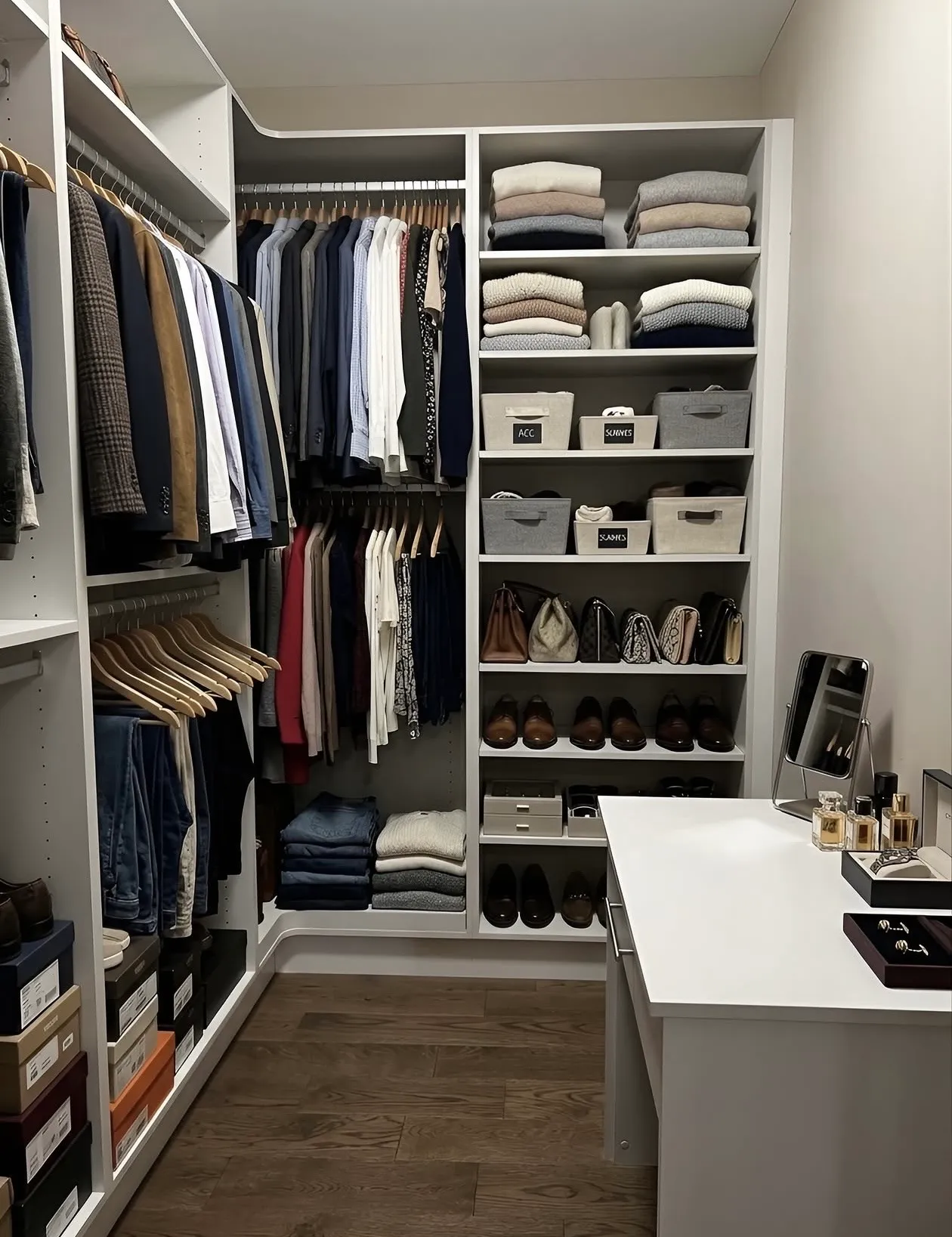 A white corner walk-in closet with double hanging, labelled bins and a shoe wall, opening onto a white dressing table