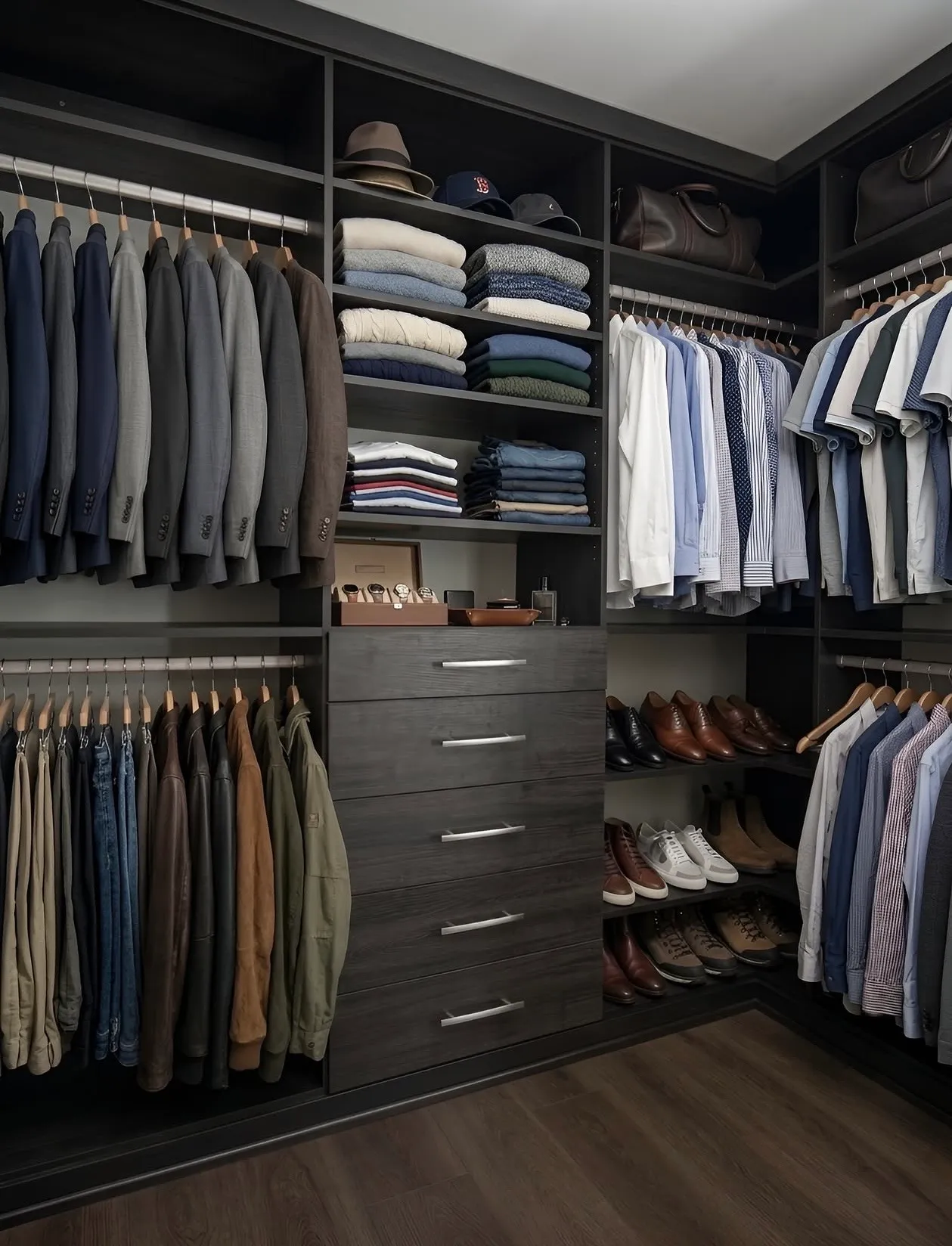 A charcoal walk-in closet with suits and shirts double hung, a watch tray on the counter and shoes on angled shelves
