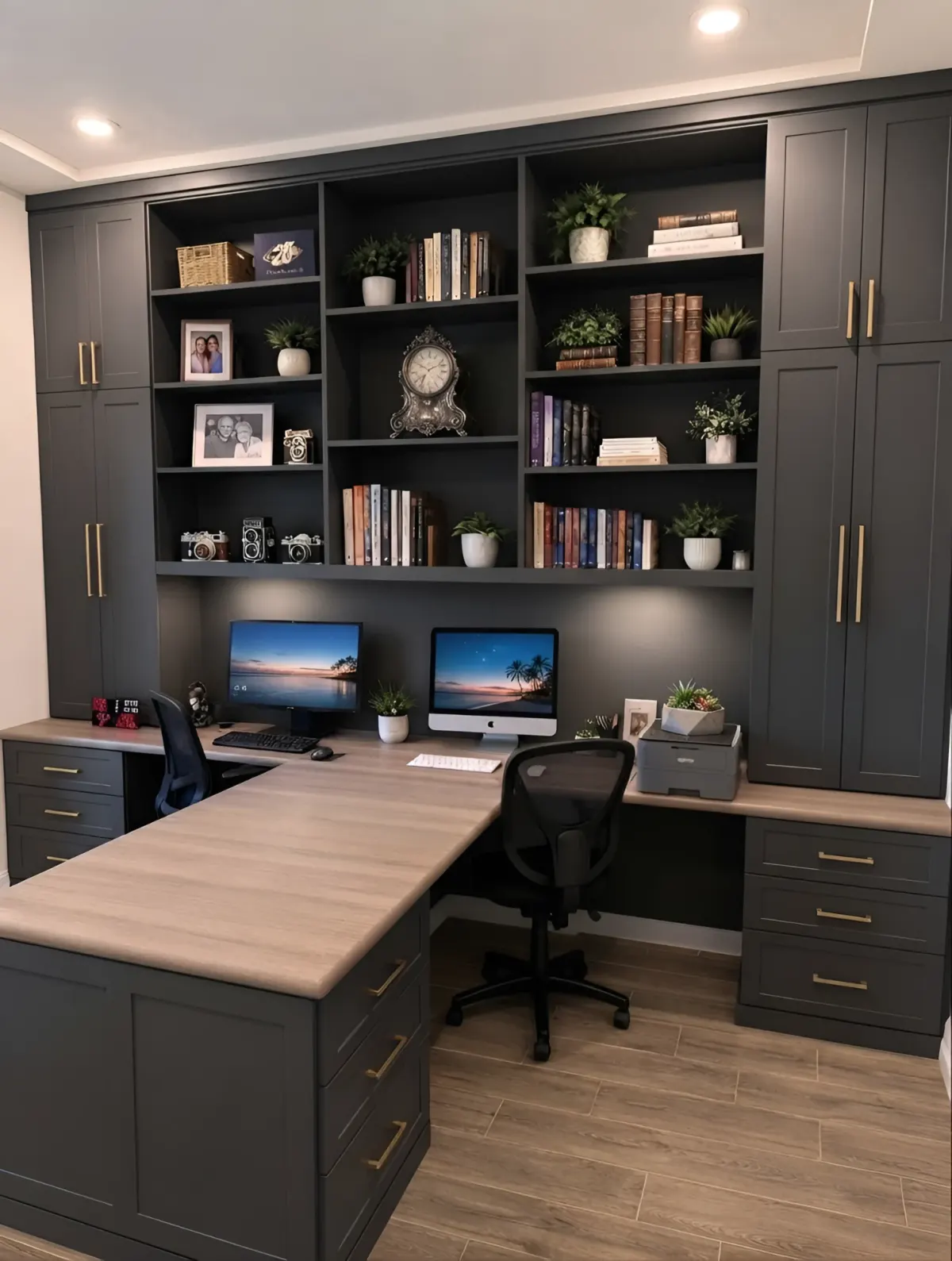 A charcoal home office - open shelving between tall cupboards, brass handles, and an L-shaped desk in light timber carrying two screens