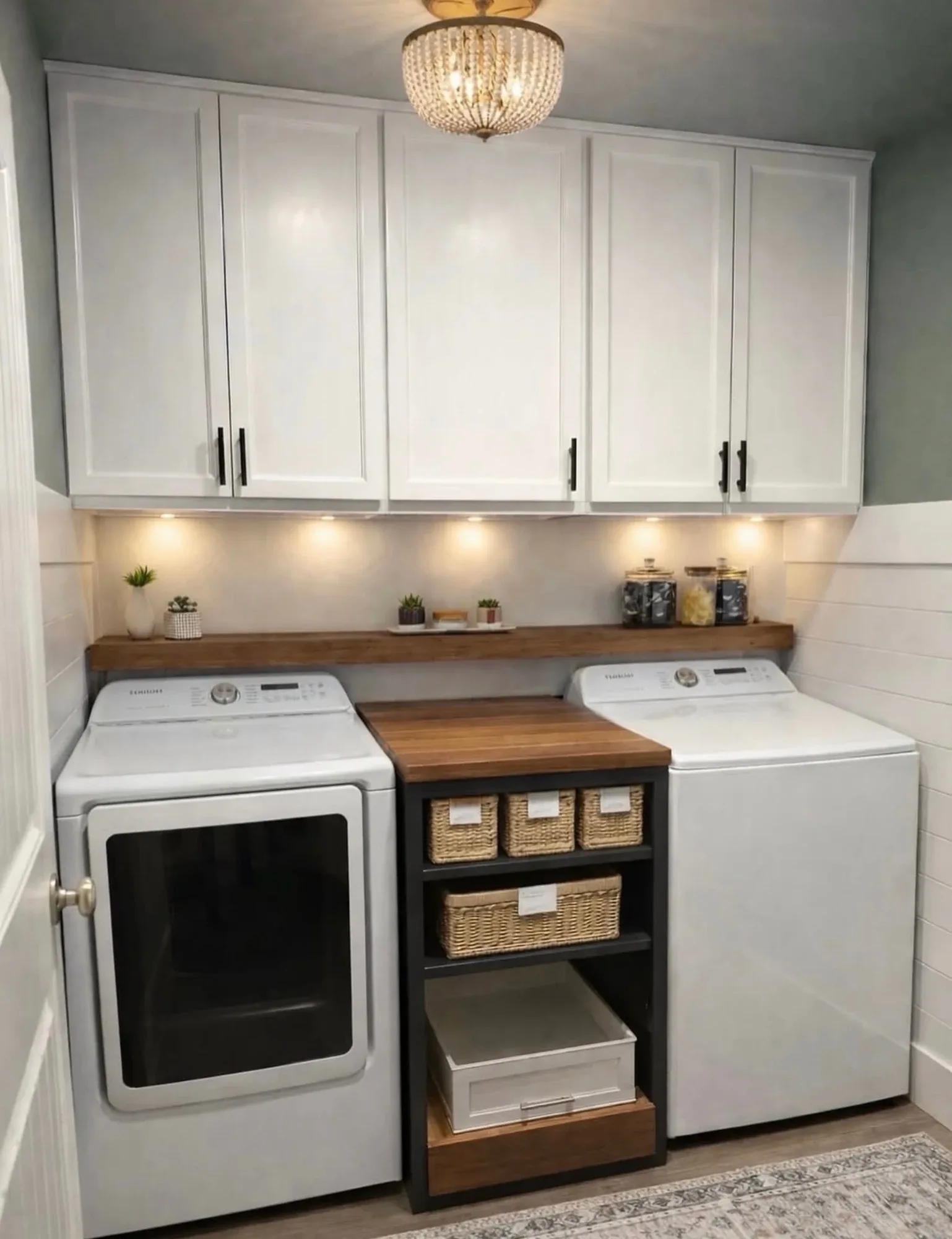 White shaker wall cabinets with a wood shelf across the backsplash and a black tower of labelled baskets standing between two top-loaders under a wood counter