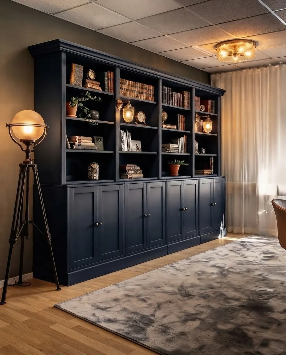 A navy blue library wall with four bays of open shelving above closed base cabinets, lit by picture lights and a floor lamp