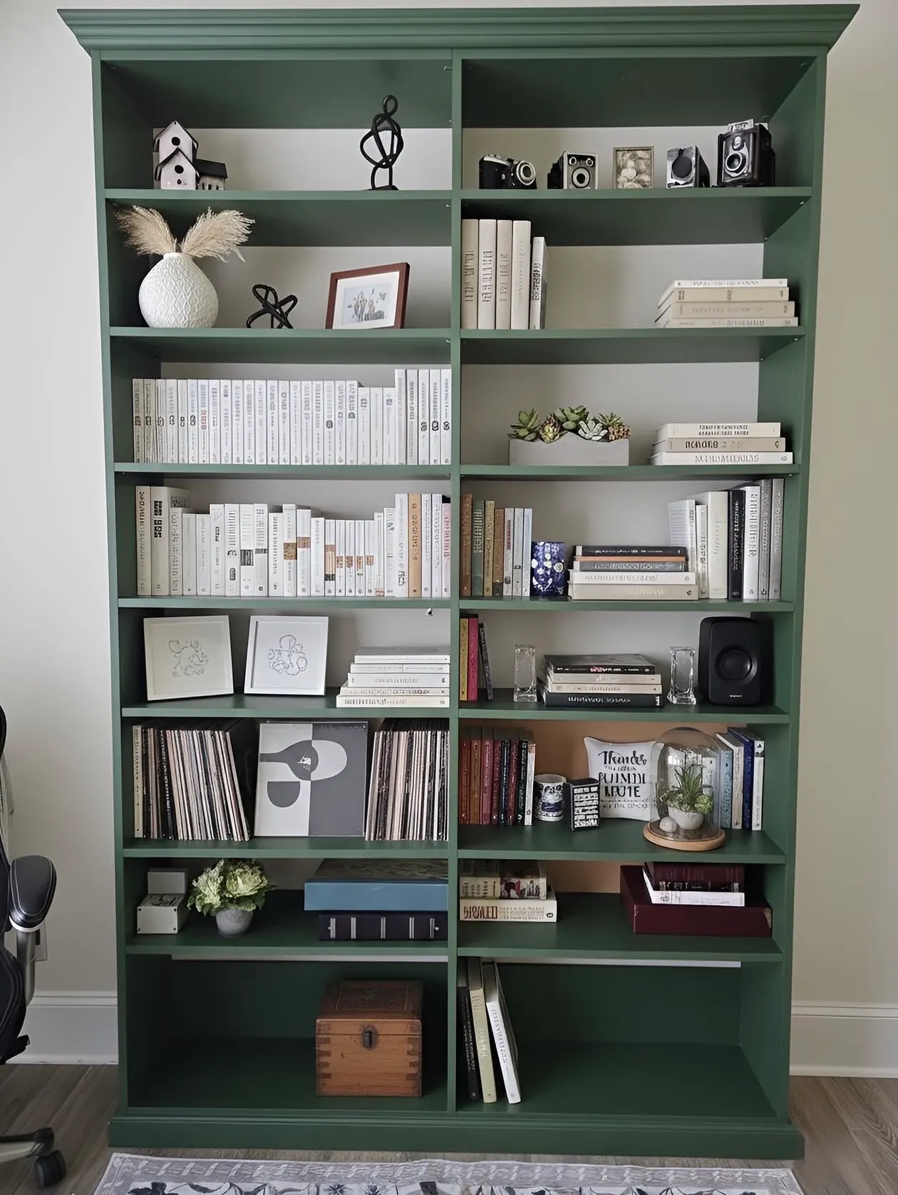 A green painted library unit of two bays, holding books, records and framed pictures, with crown moulding across the top