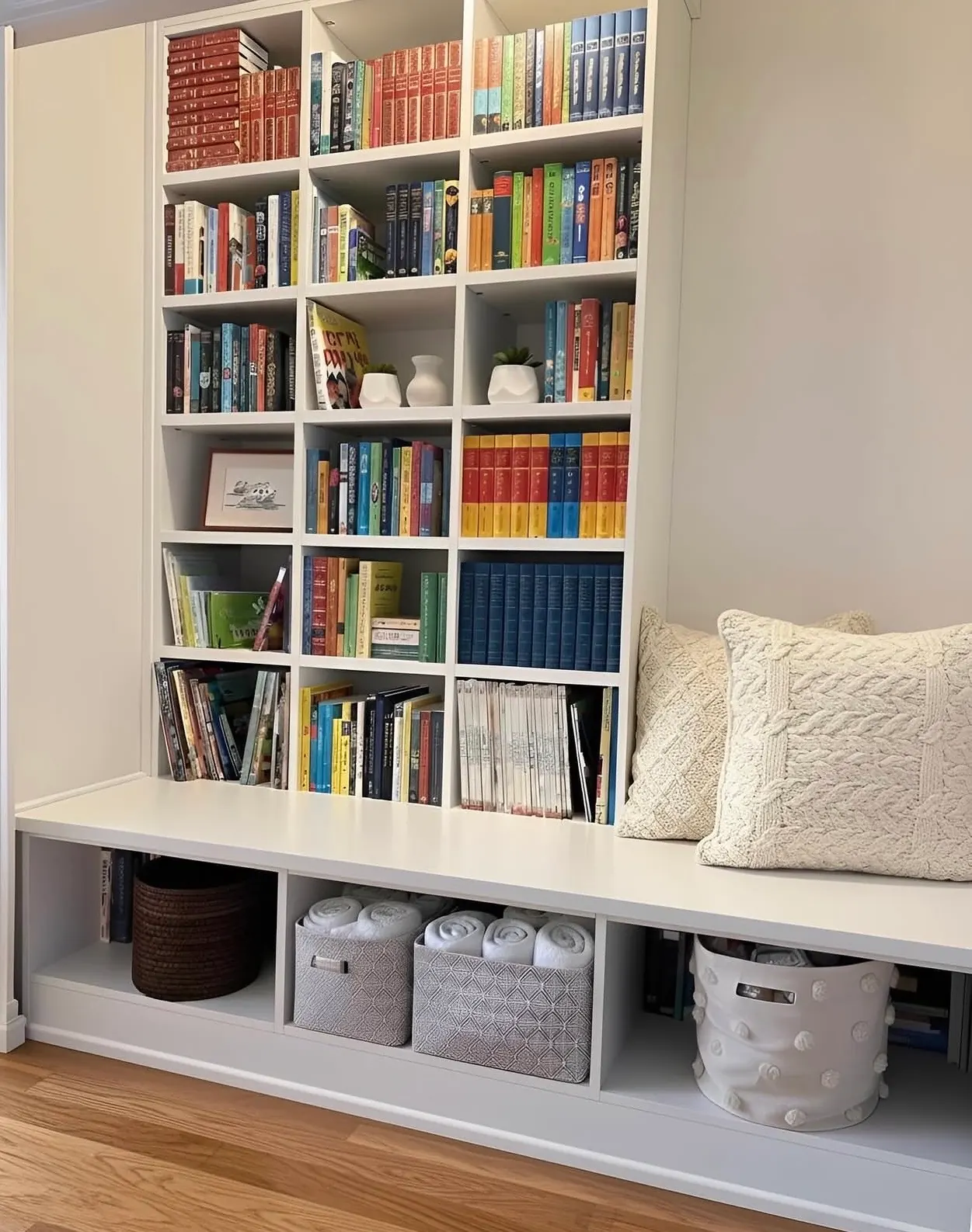 White cube shelving filled with colour-sorted books above a built-in window bench with cushions and baskets stored beneath