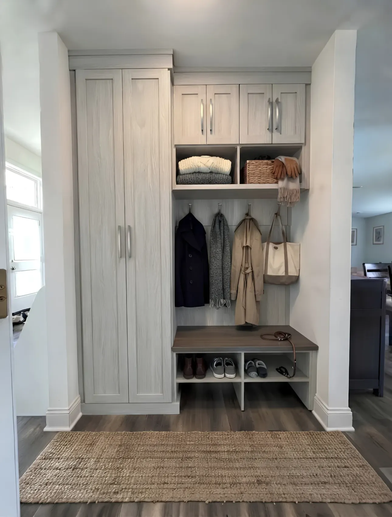 A light oak entryway built into a hallway recess — a tall cupboard beside hooks, an open shelf above and a bench with shoe storage under it