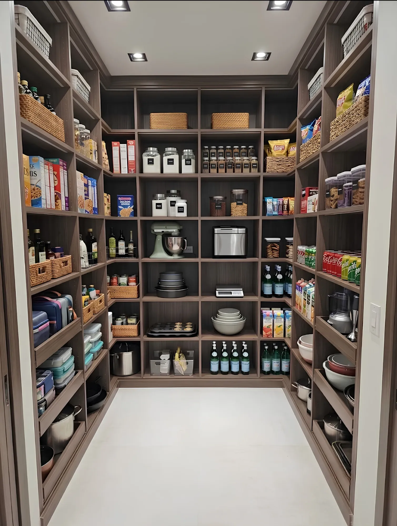 A dark walnut walk-in pantry lit from the ceiling, boxed cereal and canisters on the shelves either side and mixing bowls and small appliances down the middle bay