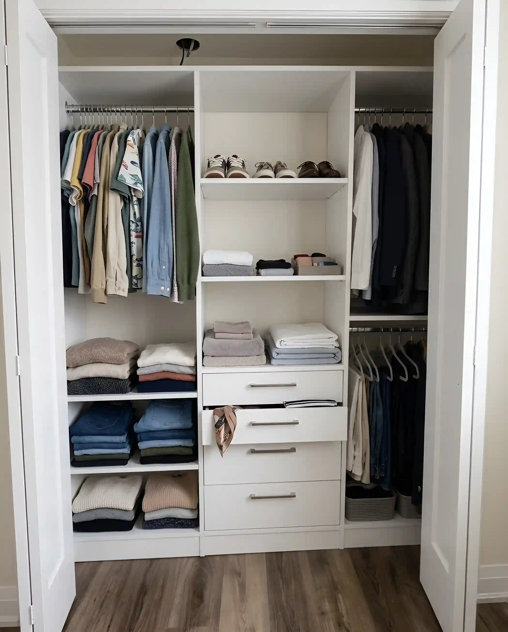 Reach-in closet using the full wall height, with shelving above the hanging rails and shoe storage below