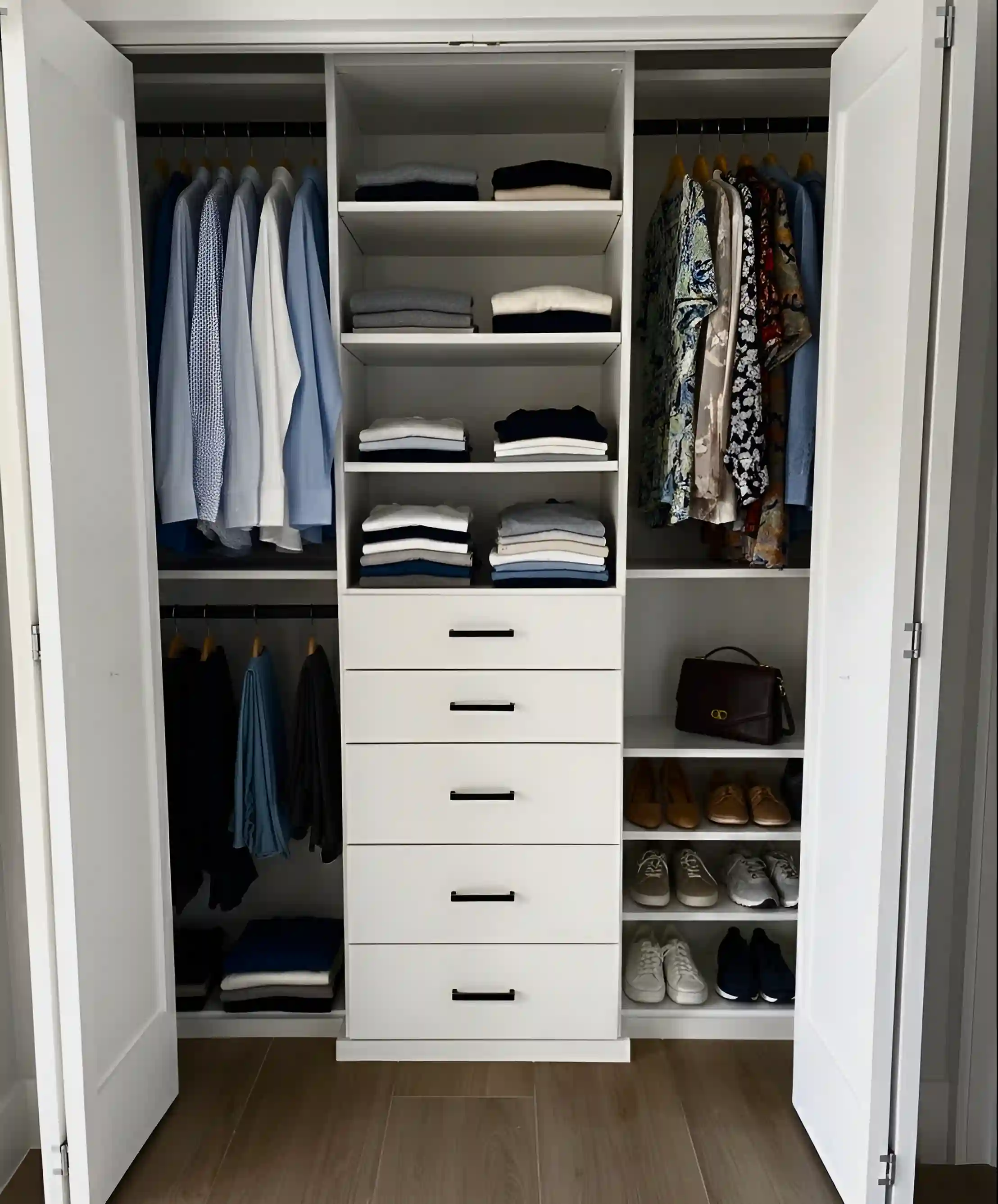 Reach-in closet with a full-height drawer tower between two hanging sections