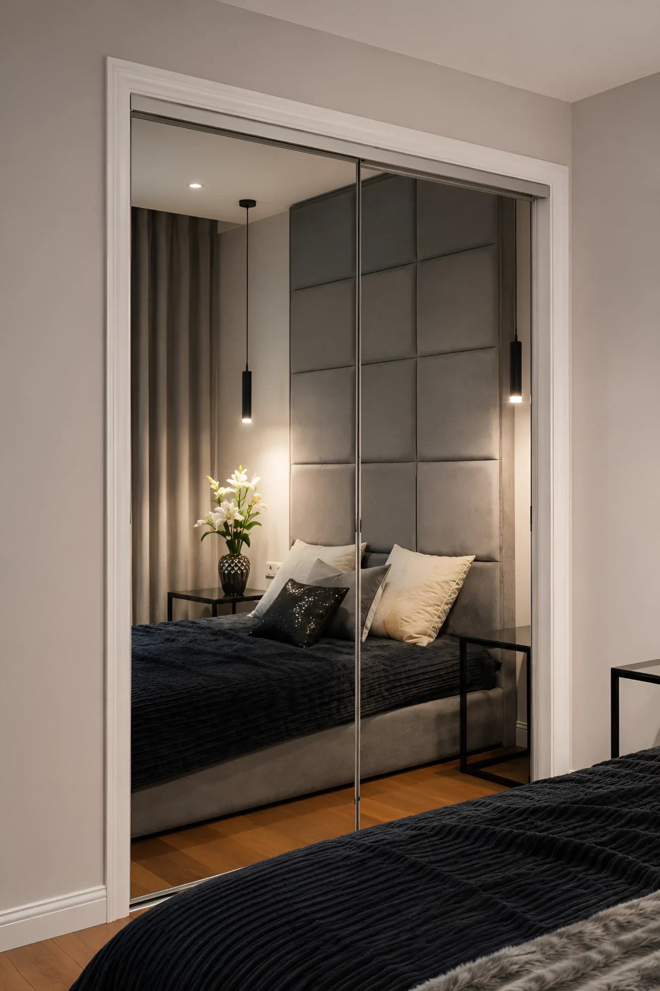 Full-mirror sliding closet doors in a slim aluminium frame on a bedroom reach-in, reflecting the bed and a pendant light