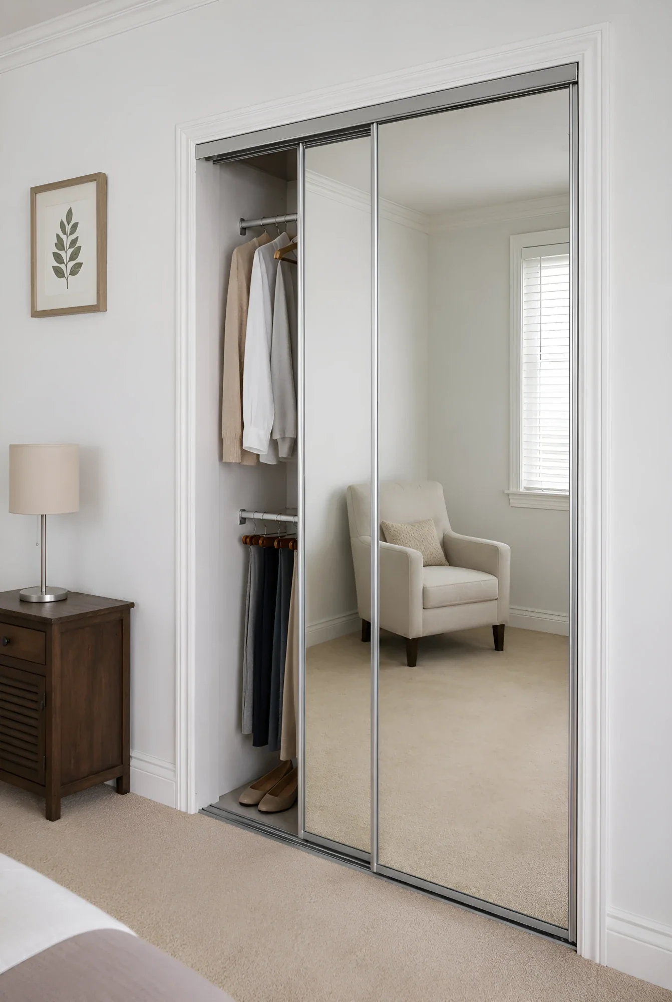 Mirrored bypass closet doors with one panel slid open, showing double hanging rails and shoes inside the reach-in closet