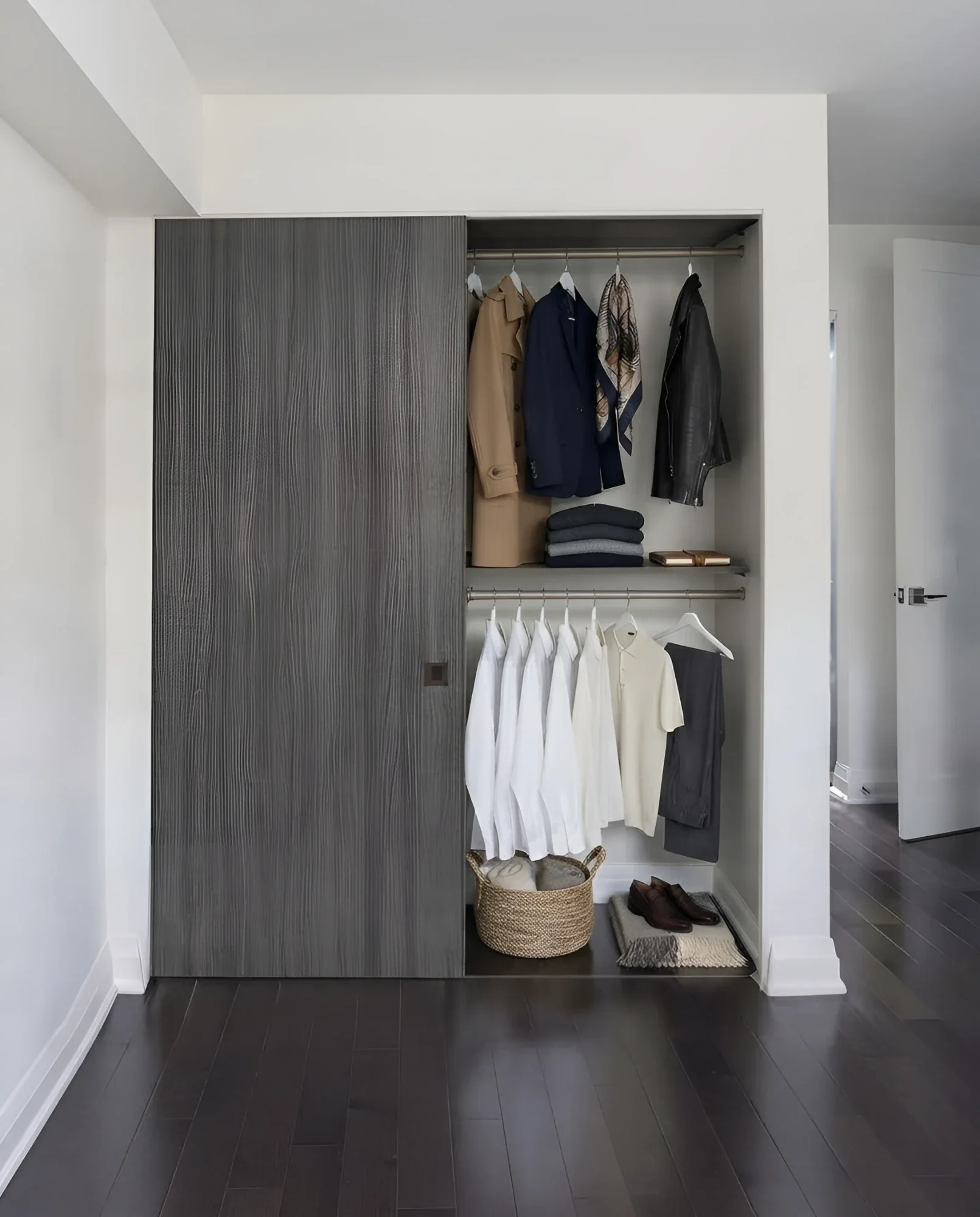 Grey woodgrain melamine sliding closet door slid open on a hallway reach-in, hanging coats and a shelf above visible inside