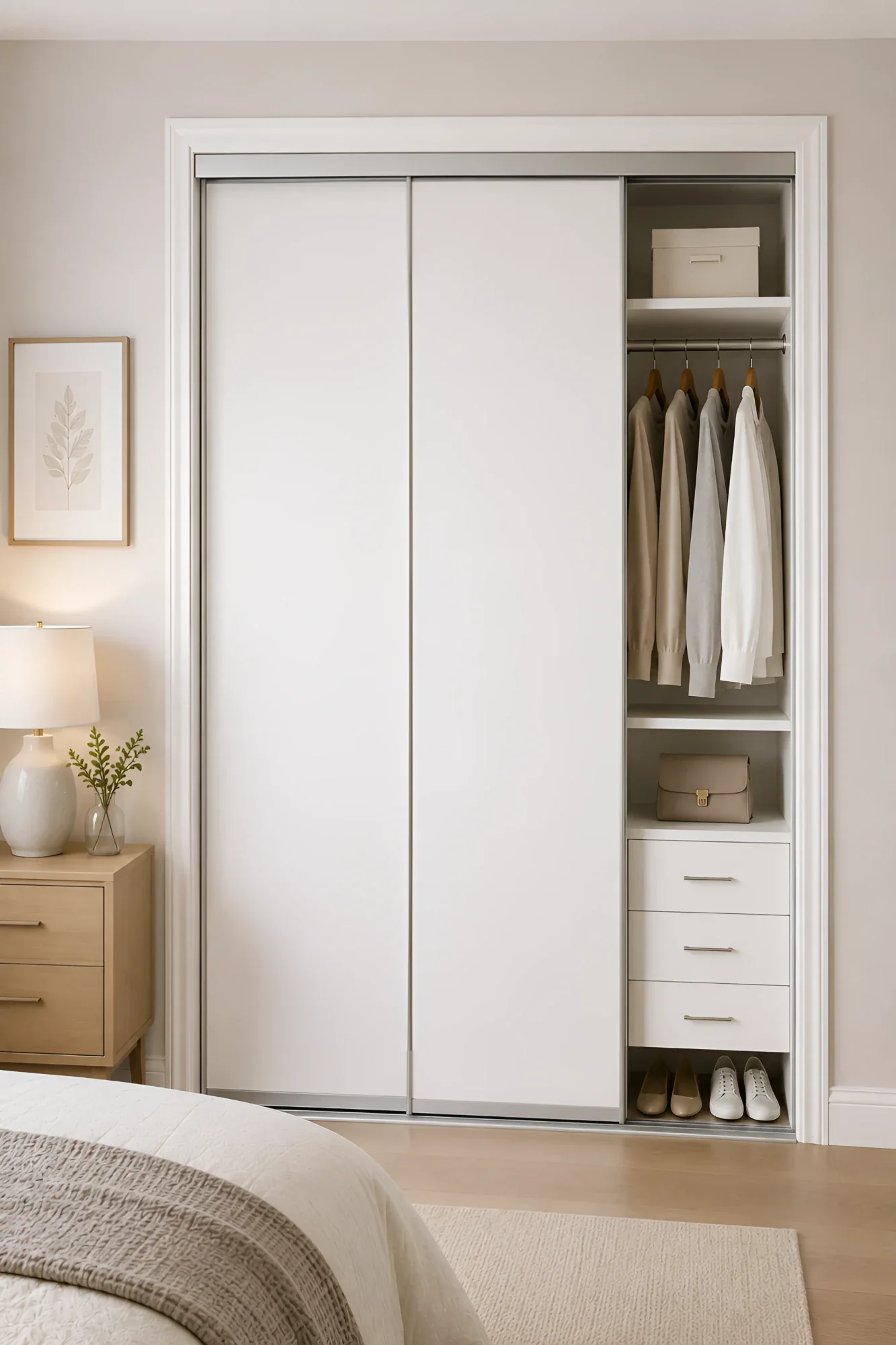 White painted sliding closet doors on a bedroom reach-in, one panel open to show hanging, drawers and shoe storage