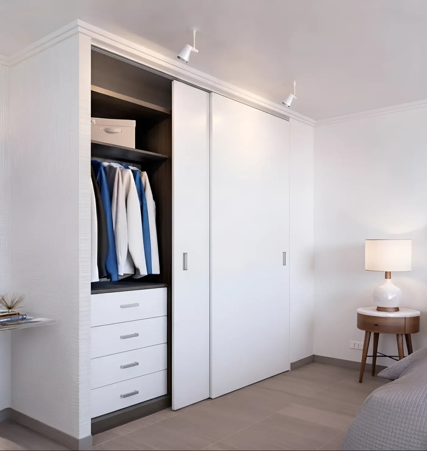 White sliding closet doors on a bedroom wardrobe, one panel slid open to show a hanging rail of shirts, a shelf above and a bank of four drawers below