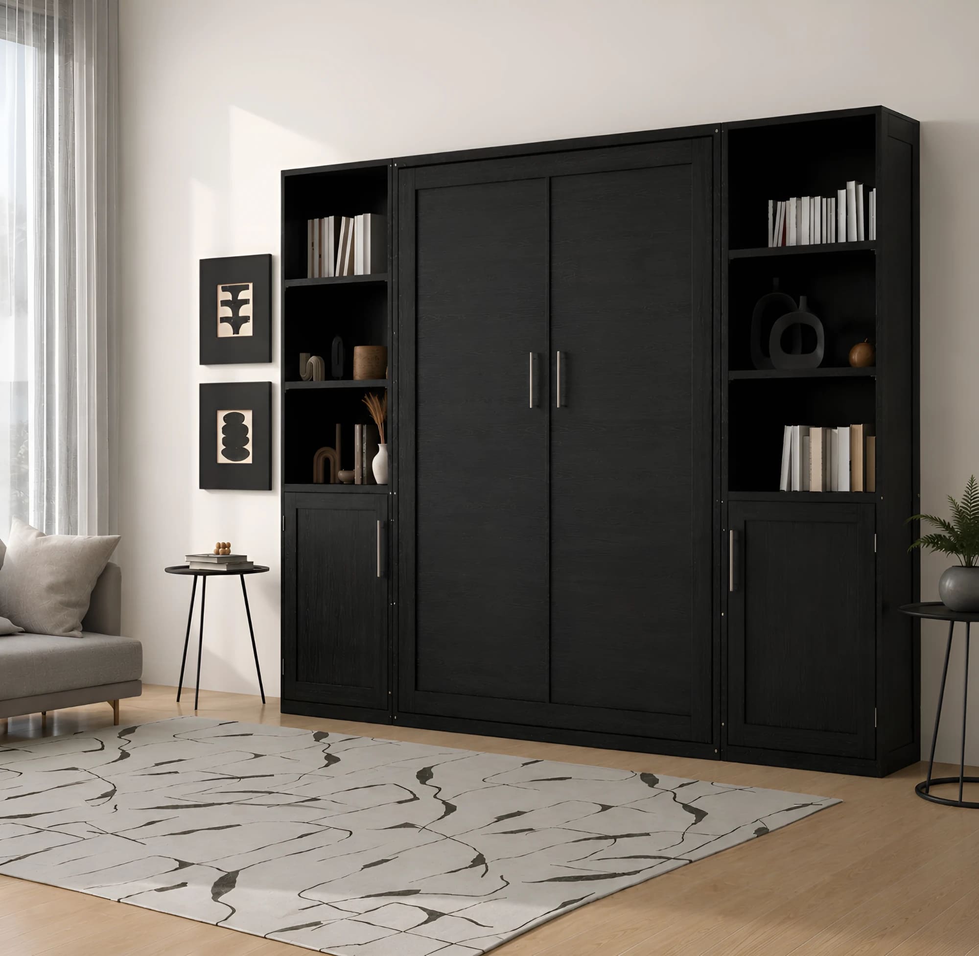 Black oak murphy bed closed in a living room, flanked by open bookshelves over cabinet bases