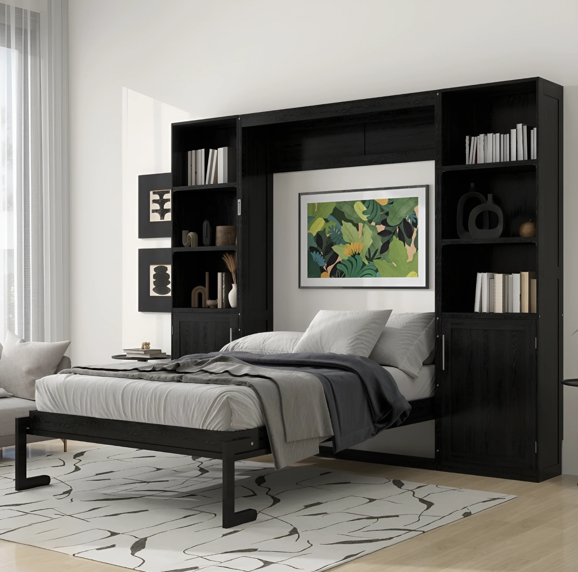 The same black oak wall bed open, the bed down and artwork mounted on the back panel