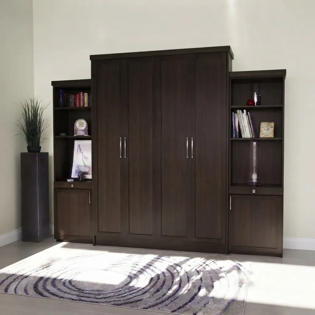 Murphy bed folded away behind matching walnut doors, flanked by open bookshelves, so the wall reads as built-in cabinetry