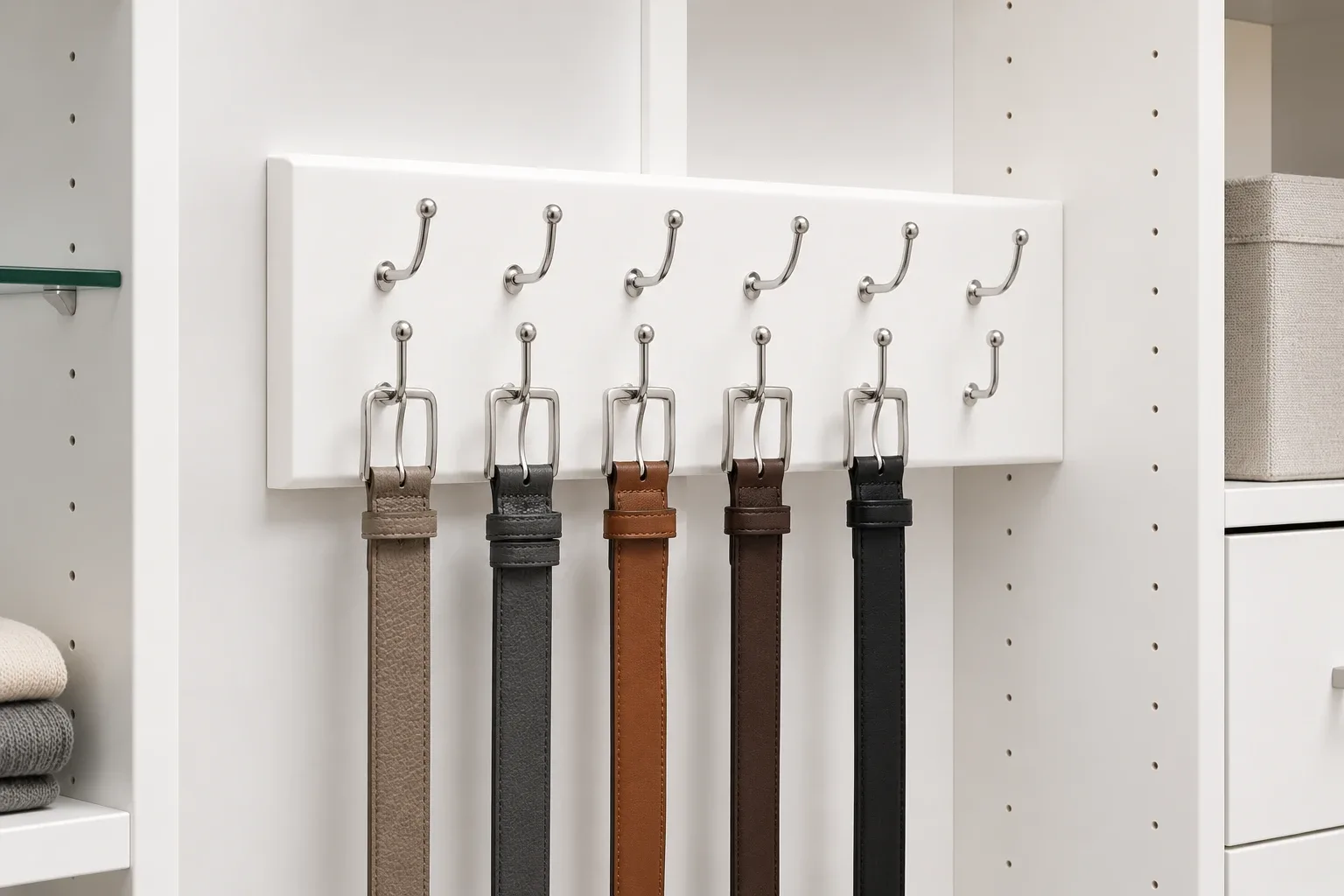A white belt rack mounted inside a closet, five leather belts hanging by their buckles from spaced hooks