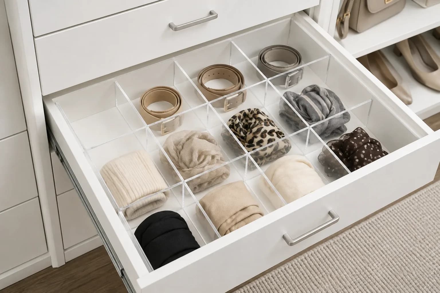 An open white closet drawer split into a grid by clear acrylic dividers, each compartment holding a rolled belt or folded scarf