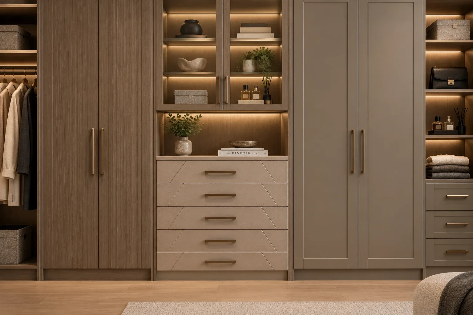A wardrobe elevation in warm oak: framed glass doors over a lit open niche, a five-drawer bank beneath and tall doors either side