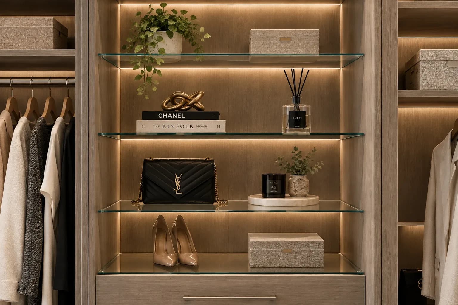 Toughened glass closet shelves lit along the front edge, holding a handbag, a candle, books and a pair of heels against a wood back panel