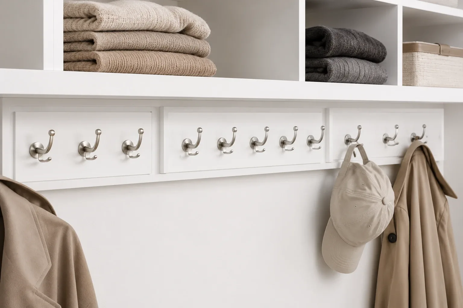 A white panelled hook rail below a run of open closet cubbies, hung with a cap and two coats, folded knitwear on the shelf above