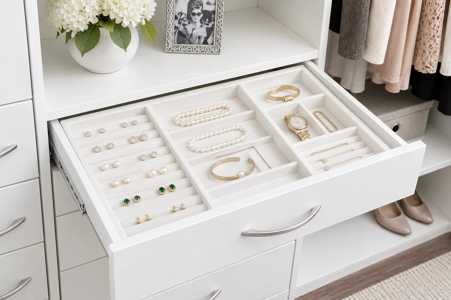 An open white closet drawer holding a lined jewellery insert with slotted rows of earrings, bays of necklaces and a watch