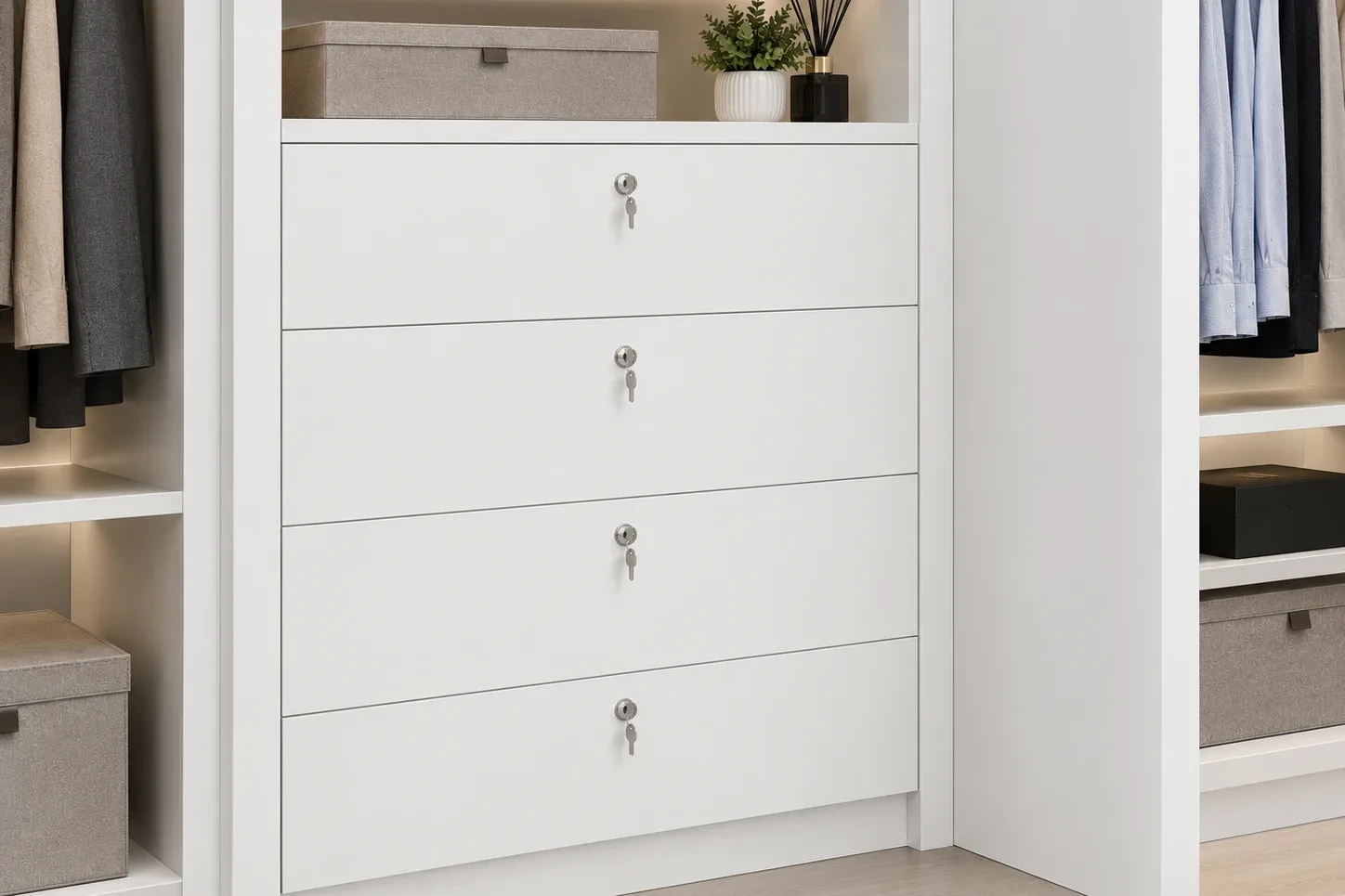 A bank of four white closet drawers with small keyed locks set into the fronts, built into a run of open shelving