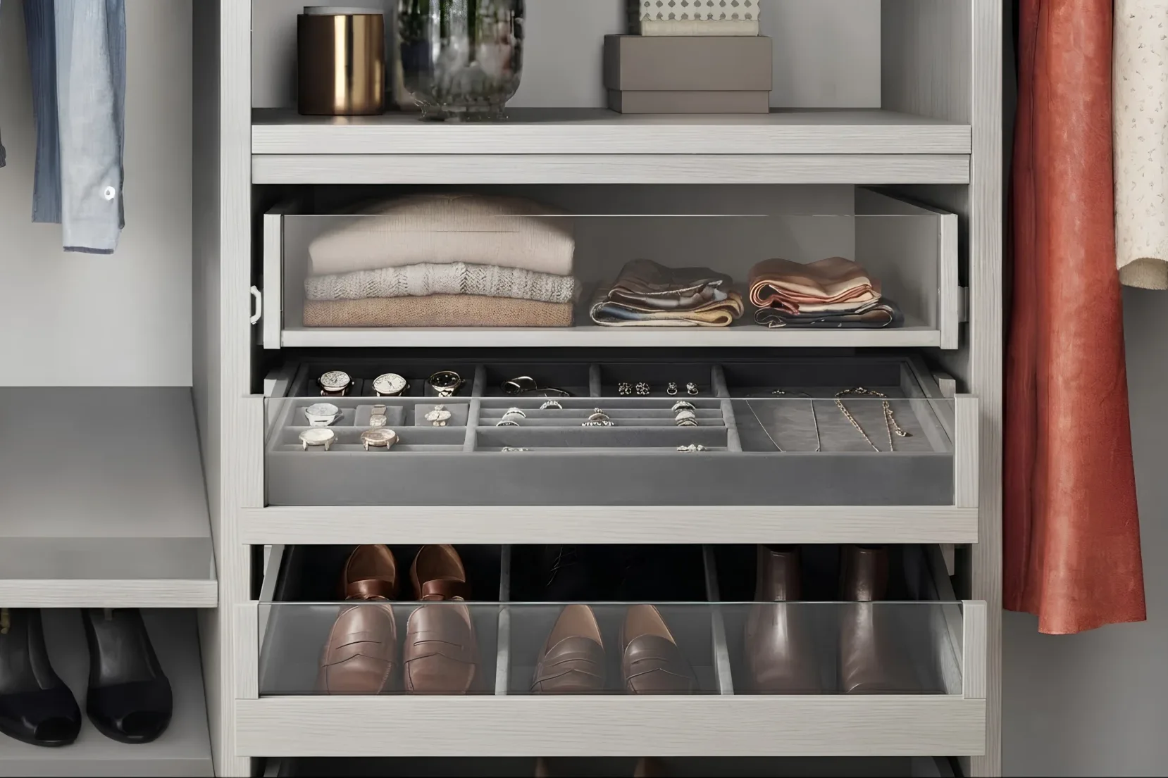 A closet tower with a pull-out shelf of folded knitwear above a lined jewellery tray and a shoe drawer, all on full-extension runners
