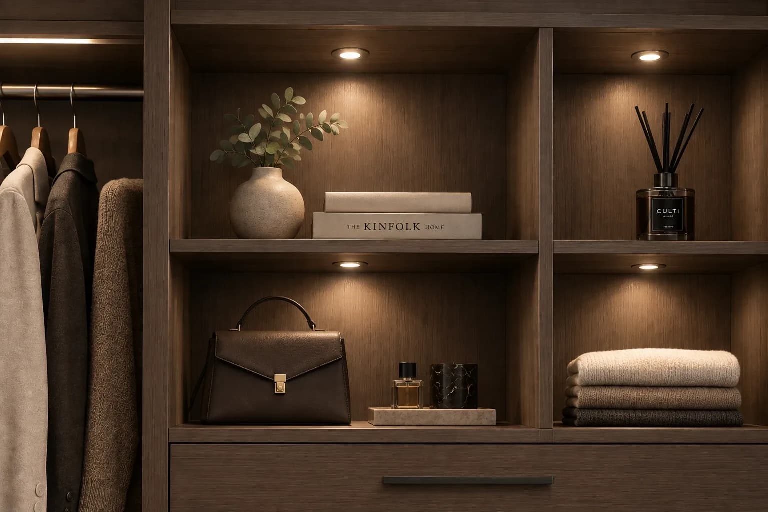 Recessed downlights set into the undersides of dark wood closet shelves, lighting a handbag, folded knitwear and a vase below