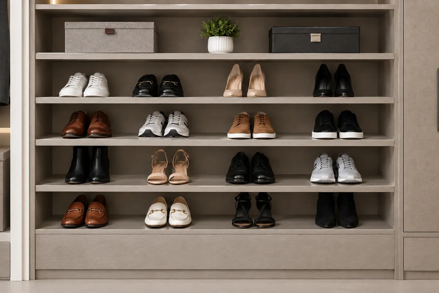 A run of pale closet shelving set close together and filled with shoes — loafers, heels, trainers and ankle boots on five tiers