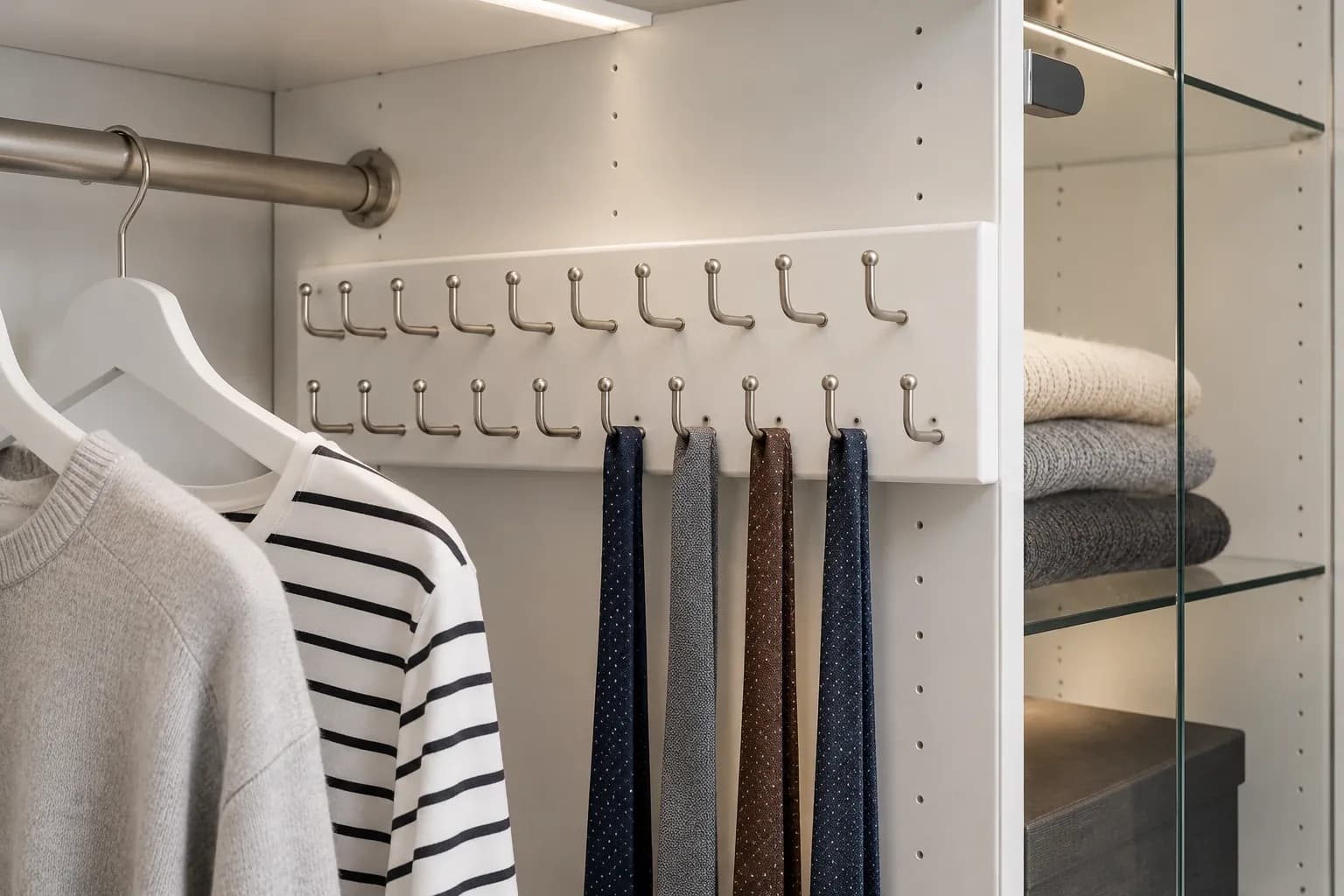 A double row of hooks on a panel inside a closet bay, hung with patterned ties, beside shirts on a rail and lit glass shelving