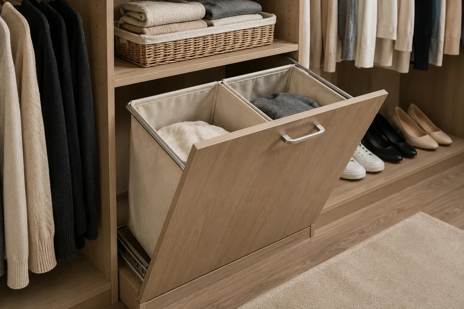 An oak cabinet front tilted forward to reveal a twin-bag laundry hamper inside a closet, with shoes on the shelf alongside